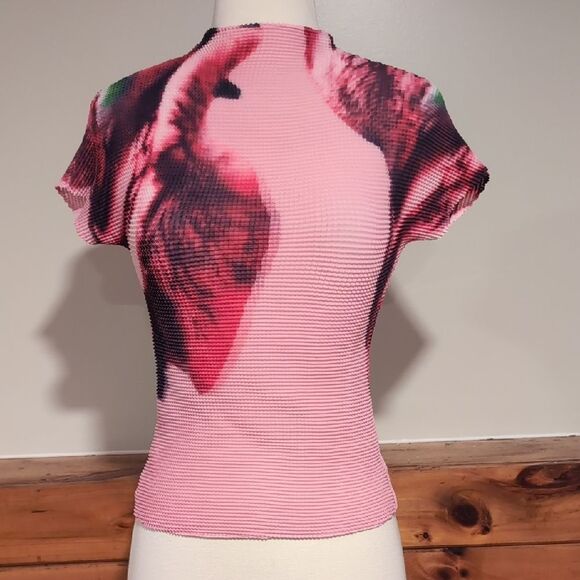 no brand Tops - Pink and Black Pleated Blouse with Mandarin Collar